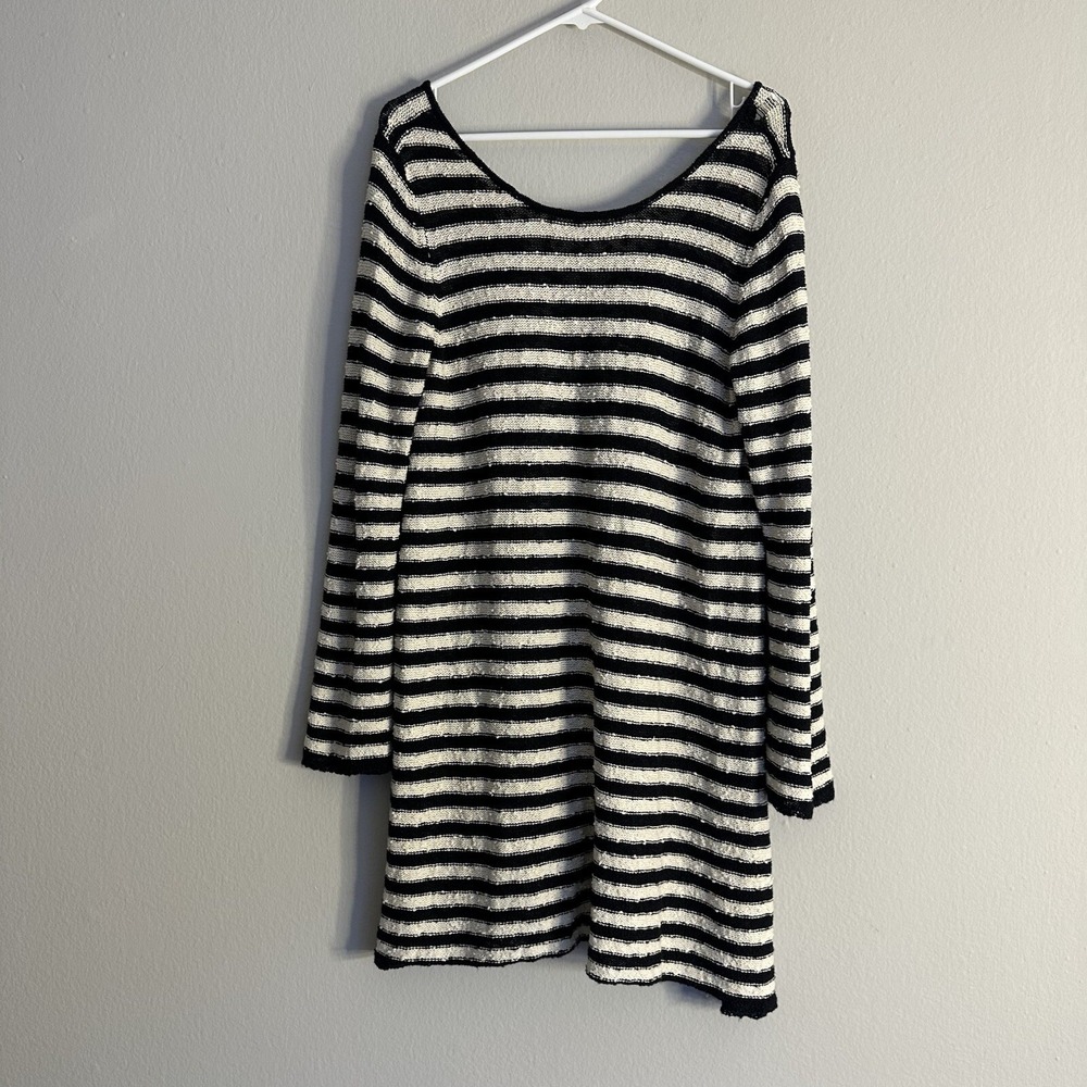 Free People Women's Black Striped Sweater Dress Size M Long Sleeve Tunic Casual